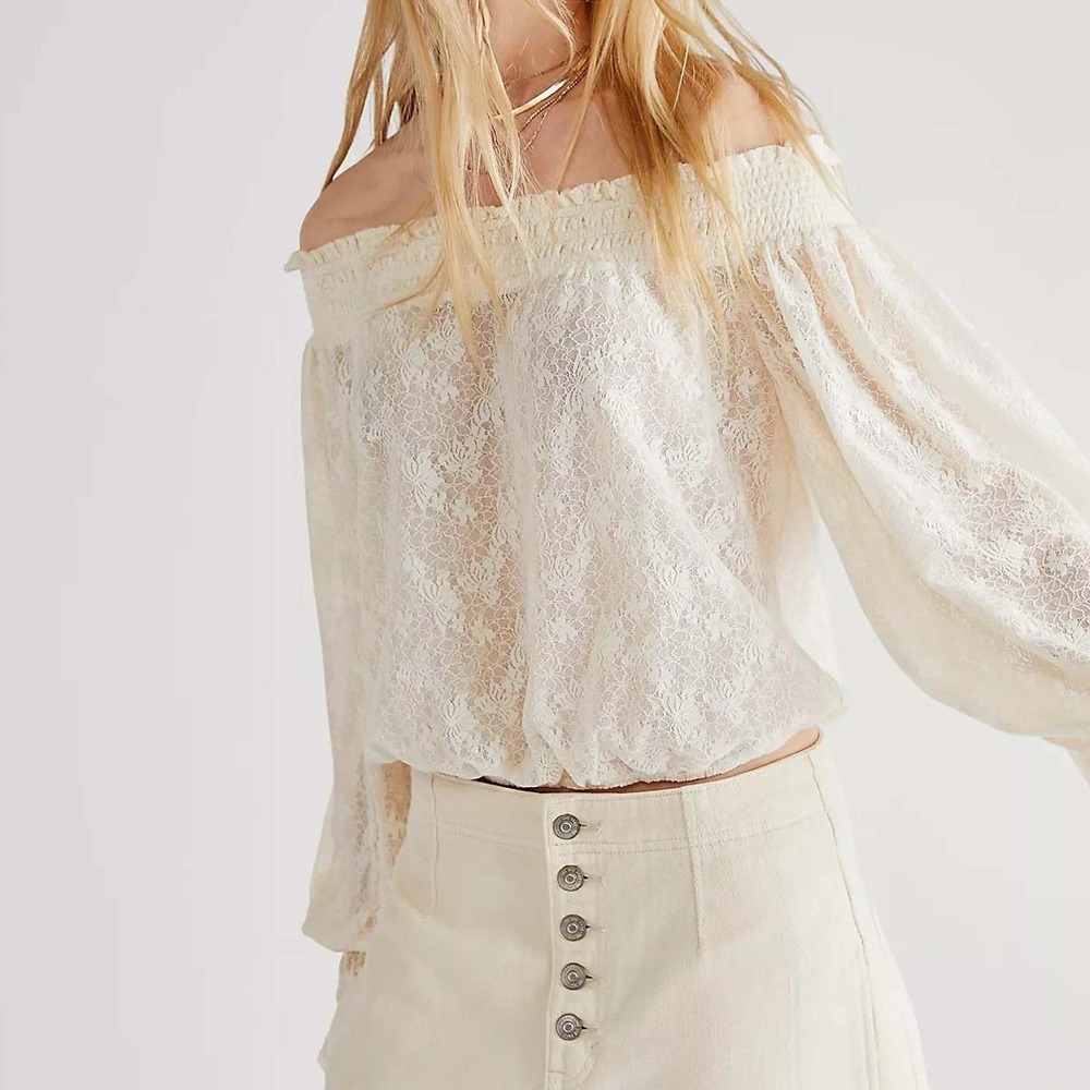 Free People Emily Lace Off-the-Shoulder Top Ivory Smocked Ruffle Blouse XS